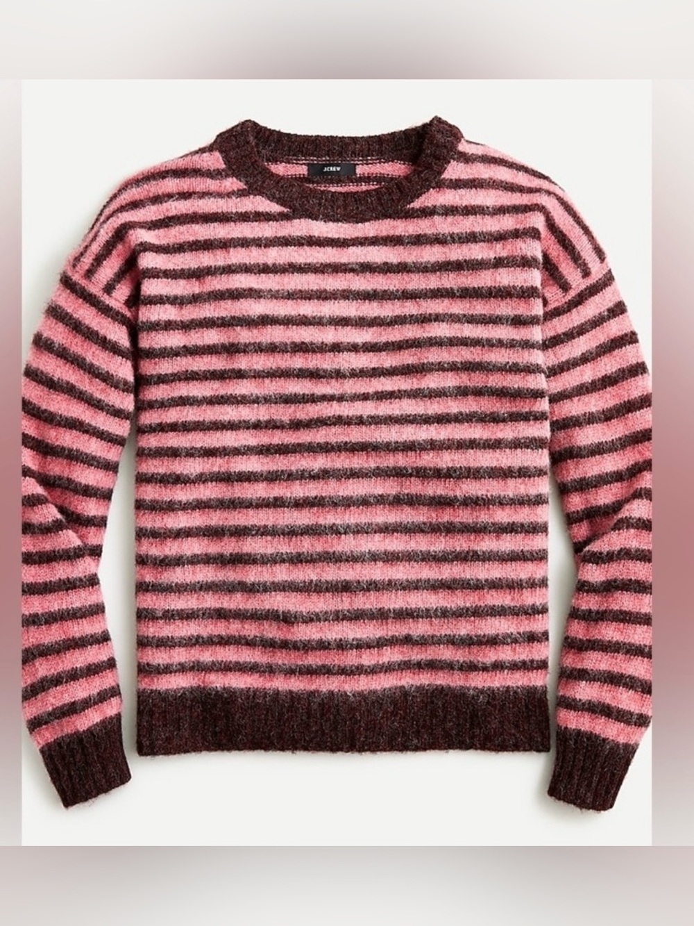 J. Crew Elbow-patch crewneck sweater in striped pink and brown